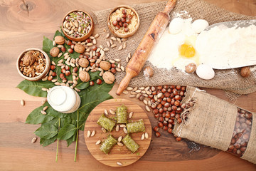 Sweet with ingredients on the wooden table