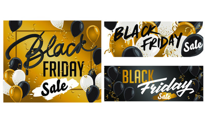 Black Friday Sale set of posters or flyers design with balloons and confetti. Vector illustration. Place for text.
