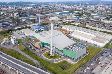 Aerial view of Garbage incineration plant. Waste incinerator plant in Splott, Cardiff, Wales, UK.  The problem of environmental pollution by factories - obrazy, fototapety, plakaty