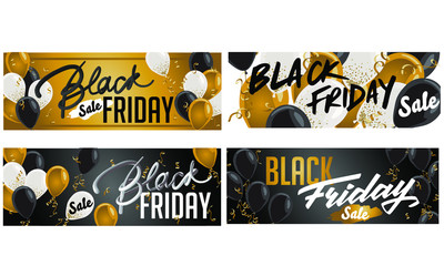 Black Friday Sale set of posters or flyers design with balloons and confetti. Vector illustration. Place for text.