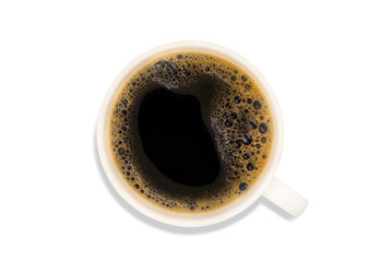 Top view of hot fresh black coffee in a white cup isolated on white background. Clipping path.