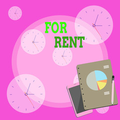 Writing note showing For Rent. Business concept for when you make property available for purchasing temporarily Layout Smartphone Off Ballpoint Notepad Business Pie Chart