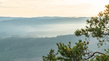 View from the mountain top over foggy Scandinavian mountains with wild pine tree forest, mountain ridges, summer day with clouds, North Sweden