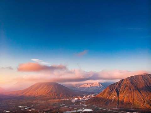 Sunset in mountains Khibiny Kola Peninsula, Russia. Aerial view