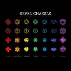 Seven human chakras set, flat colorful icons, muladhara, svadhishthana, manipura, anahata, vishuddha, ajna, sahasrara, vector illustration