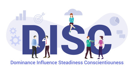 disc dominance influence steadiness conscientiouness concept with big word or text and team people with modern flat style - vector
