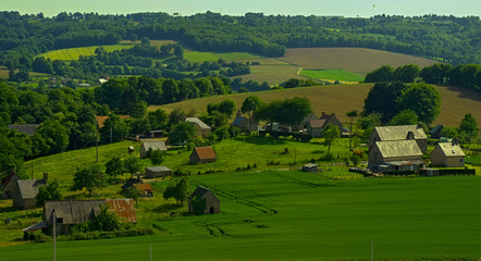 Obraz premium View from the hill on tranquil landscape in rural Normandy
