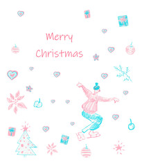 Christmas card. An illustration with the person dressed in winter clothes, gifts, a fir-tree, apple, a poinsettia, a Christmas tree decoration, star and hearts in blue and pink colors.