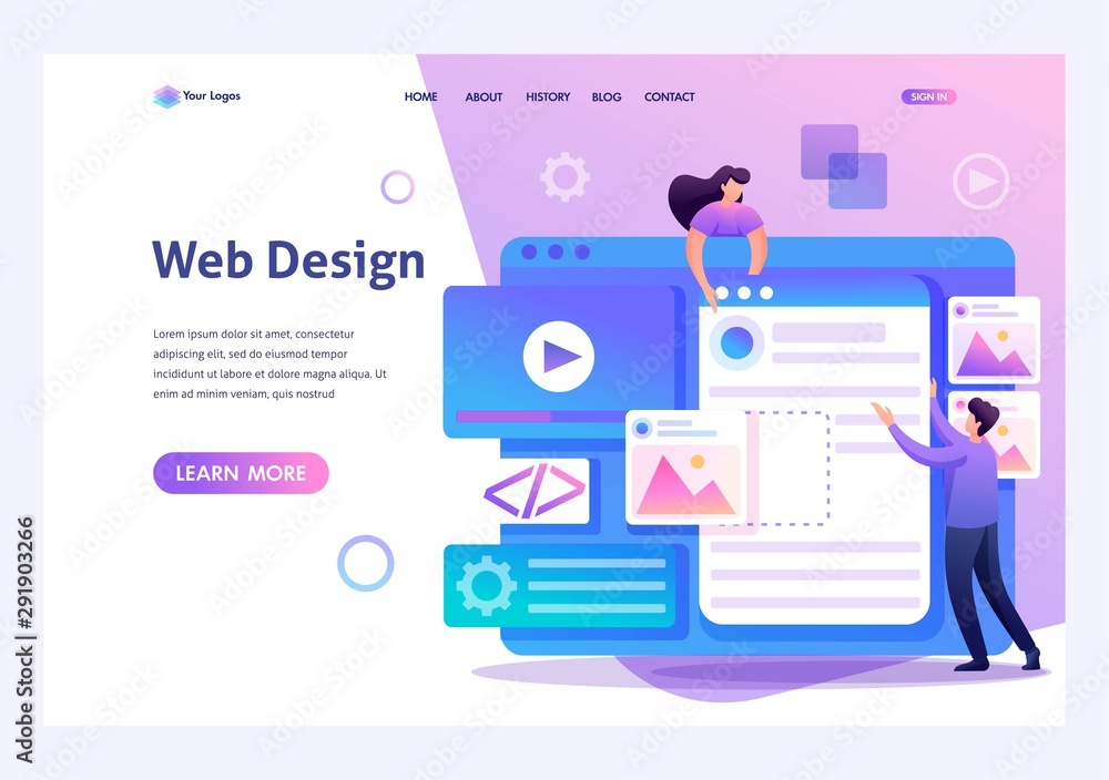 Poster young people are engaged in web design, website page development. flat 2d character. landing page co