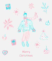 Christmas card. An illustration with the person dressed in winter clothes, gifts, a fir-tree, apple, a poinsettia, a Christmas tree decoration, star and hearts in blue and pink colors.