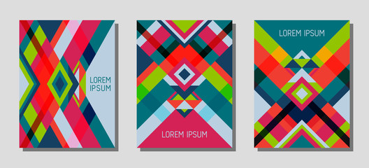 Cover page layout vector template geometric design with triangles and stripes pattern.