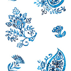 Hand drawn flower seamless pattern (tile). Colorful seamless pattern with blue whimsical flowers, paisley, buta, lotus. Watercolor seamless pattern for textile. Isolated objects on white background