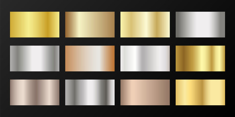 Silver, platinum, bronze, pink gold vector metallic gradients.