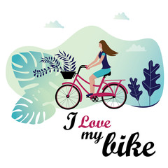 Girl riding a bicycle. Cyclings, healthy lifestyle. Eps10 vector modern illustration.