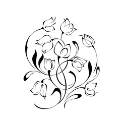 decorative element with flowers, leaves and curls in black lines on a white background