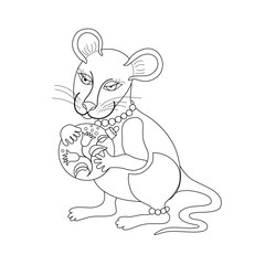 A female mouse stands on its hind legs. Decorated with beads and a bracelet, the rat has human eyes. Isolated black and white illustration for coloring, books, prints, clothes, symbol of 2020.