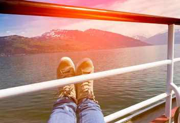 Happy time of  young man relaxing on the boat,Relax moment  on holiday travel concept