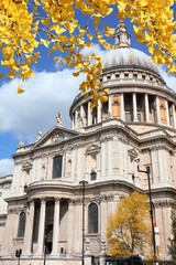 Fototapeta premium Cathedral in London. Autumn leaves.