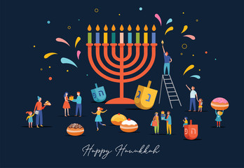 Happy Hanukkah, Jewish Festival of Lights scene with people, happy families with children - obrazy, fototapety, plakaty