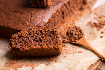 Brownie Pie. Homemade baking. Fresh sliced chocolate cake closeup.