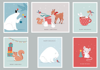 Fototapeta na wymiar Winter forest animals, Merry Christmas greeting cards, posters with cute bear, birds, bunny, deer, mouse and penguin. 