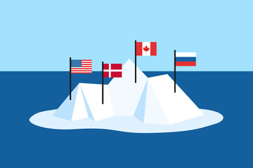 Territorial claim in the Arctic ocean - Canada, Denmark, Russia and United States of America (USA) are possessing land and territory on the iceberg. Vector illustration 