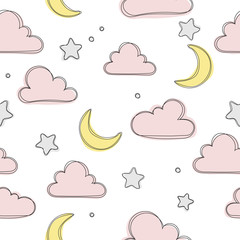 Pink clouds with moon. Seamless design with clouds, moon and stars. Cute sky pattern. Baby illustration. Cute sweet love baby background. Colorful design for textile, wallpaper, fabric, decor.