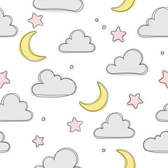 Cute sky pattern. Seamless design with clouds, moon and stars. Baby illustration. Cute sweet love baby background. Colorful design for textile, wallpaper, fabric, decor.