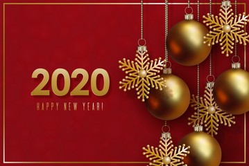2020 New Year and Christmas design. Golden 3D balls and decorative snowflakes hang on gold chains on red background. Elegant vector banner