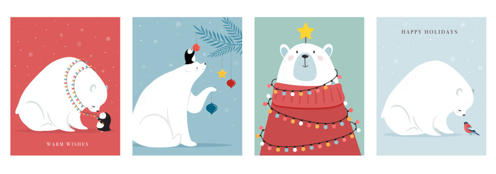 Winter forest animals, Merry Christmas greeting cards, posters with cute bear, birds, bunny, deer, mouse and penguin. 