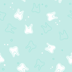 Fototapeta premium Mint seamless dental pattern. Cute background with white teeth and dots for dental, oral medicine design.