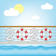 Happy New Year 2020 Text Design with inner tube on sea background and bridge.