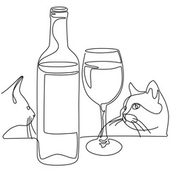 Continuous line drawing. Bottle and glass of wine. Cats. Vector illustration. - 291906694