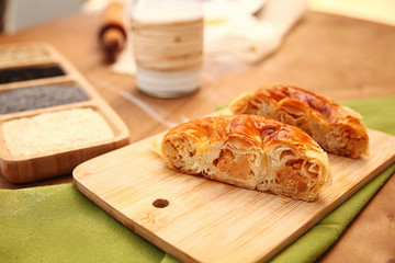 Patty serving with milk on the wooden table
