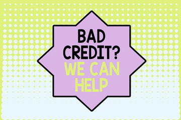 Writing note showing Bad Credit Question We Can Help. Business concept for Borrower with high risk Debts Financial Vanishing dots middle background design. Gradient Pattern. Futuristic