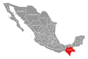 Chiapas red highlighted in map of Mexico