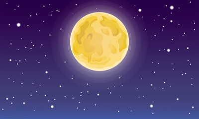 Cartoon full moon on dark starry night sky. starry and moon night backdrop. bright moon beautiful sky and stars. illustration of moon and stars on the midnight sky. Night sky scenery background.