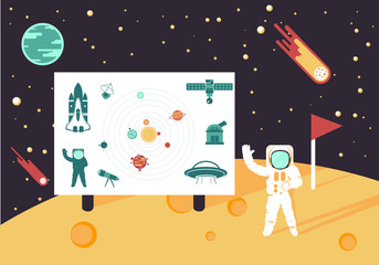 Out in space billboard with icon set in flat design style