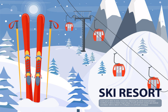 Ski resort banner illustration with ski lift and equipment. Winter landscape with mountains, fir trees and snow hills. Vector illustration.