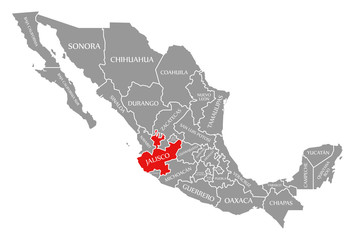 Jalisco red highlighted in map of Mexico