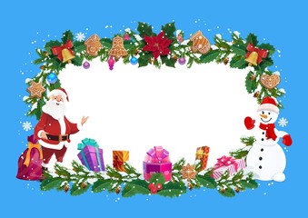 Christmas holiday frame, Santa and snowman