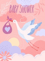 A pastel coloured baby shower invitation template with cute illustration of flying stork. Vector illustration