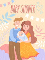A baby shower invitation template with cute illustration of happy parents and small baby. Vector illustration