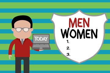 Conceptual hand writing showing Men Women. Concept meaning The state where in a boy or a girl turns to be a mature adult Man in suit wearing eyeglasses holding open laptop photo Art