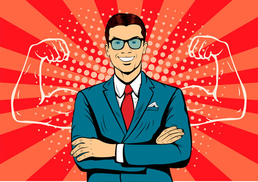 Man with muscles currency dollar pop art retro style. Strong Businessman in glasses in comic style. Success concept vector illustration.