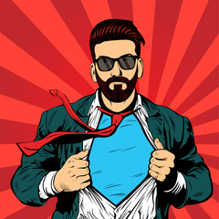 ОсновныHipster beard male businessman pop art retro vector illustration. Strong Businessman in glasses in comic style. Success concept.е RGB