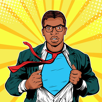 Male afro american businessman superhero pop art retro vector illustration. Strong Businessman in glasses in comic style. Success concept. A grown man in a business suit. 