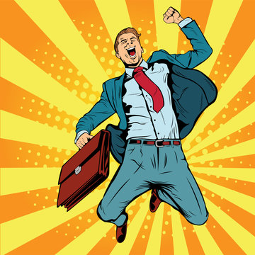 Business man the winner pop art retro vector illustration. Successful businessman jumping for joy. Joyful man with briefcase of money and documents. 