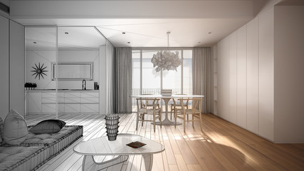 Architect interior designer concept: unfinished project that becomes real, minimalist living room with kitchen and dining table, lamp, panoramic window, modern architecture concept