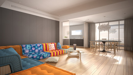 Modern colorful living room with kitchen and dining table, sofa with pillows, coffee table, big panoramic window, pendant lamp, parquet. White and gray interior design concept